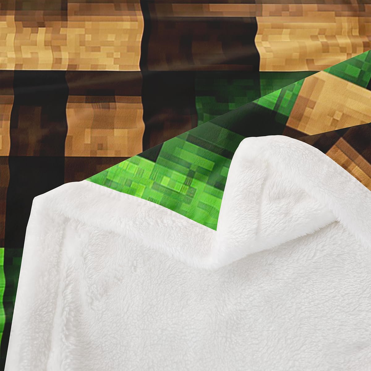Miners Pixel Games Throw Blankets,Green Brown Grid Stripe Fleece Blanket ,Kids Girls Boys Adult 3D Video Games Fuzzy Blankets Build Sandbox Theme Sherpa Blanket Chair Sofa Bed Decor ,60"×80"