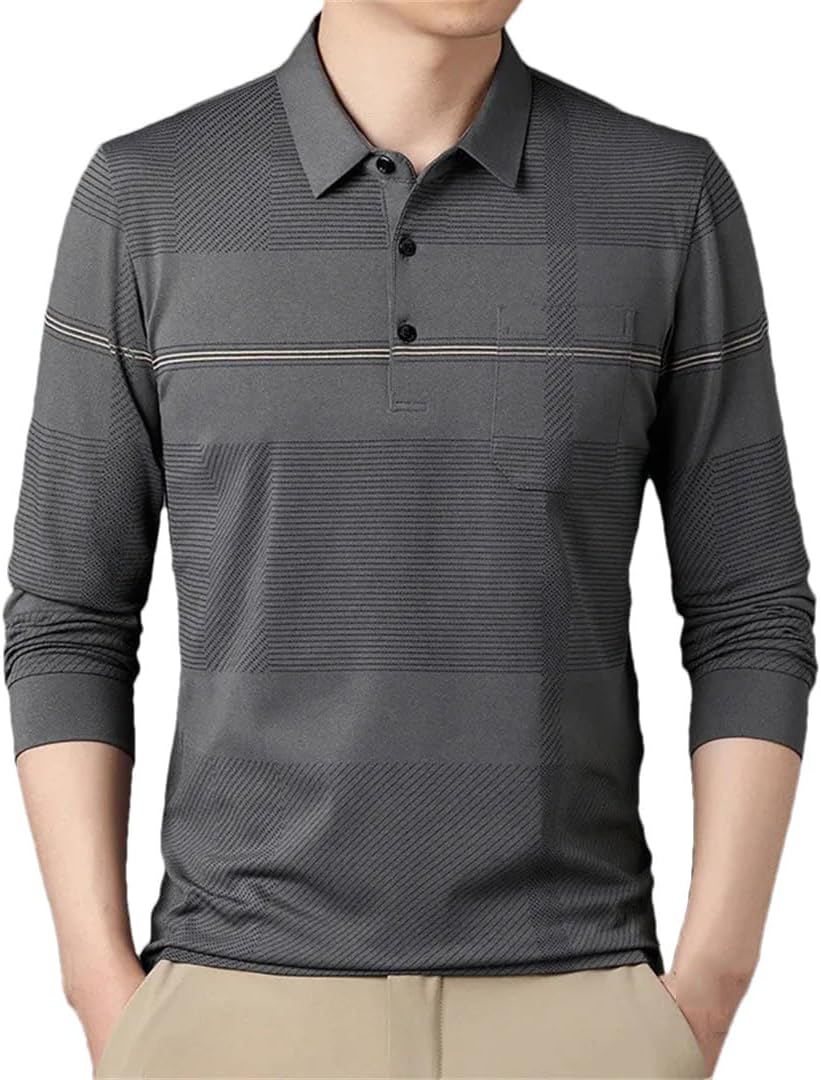 Men Striped Polo Shirt Long Sleeve Lapel Button Business Casual Shirts Top