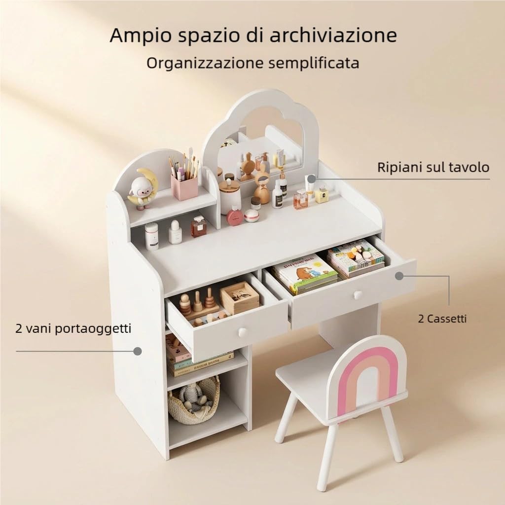 Clevich 2 in 1 Toeletta Trucco Bambina, Toeletta per Bambini con Specchio, 2 Cassetti, Armadietti, Scrivania in Legno con Sgabello, per Bambine dai 3-8 Anni (Bianco)