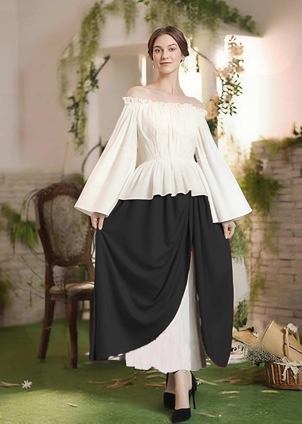 VNVNE Halloween Renaissance Fairy Pirate Witch Costumes for Women, Medieval Victorian Vintage Peasant Cosplay Ren Faire Dress - Image 3