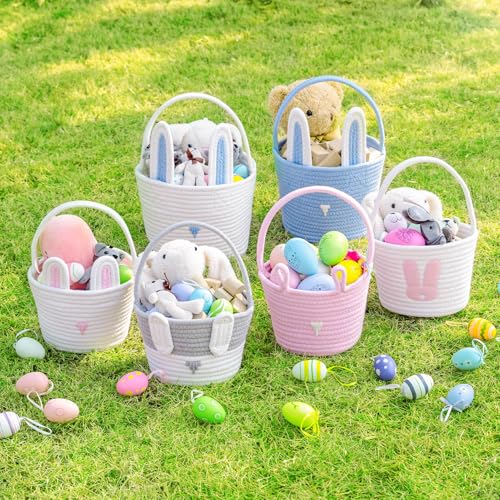 Image of CubesLand Easter Basket for Boys Girls Easter Bunny Basket with Rabbit Ears, Easter Egg Hunting Basket Easter Baskets for Children Kids Babies First Easter Gifts Blue White 9.8 x 7.8 x 7.8 inch