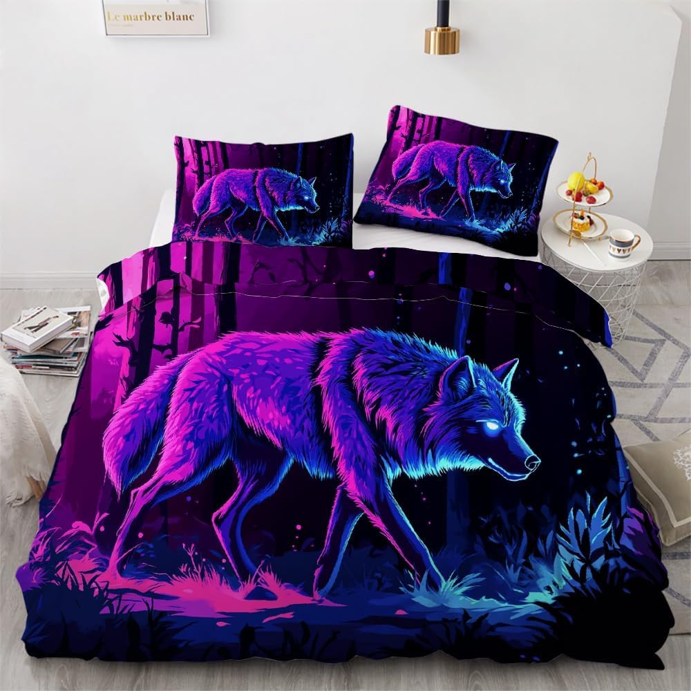 Housse de couette 220x240 loup parure de lit 2 personnes adulte microfibre