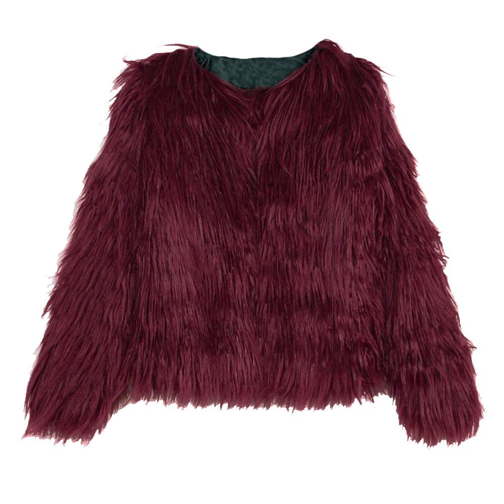 EVEDESIGN Women's Shaggy Faux Fur Coats Solid Color Long Sleeve Short Outwear Coat Jacket WineRed