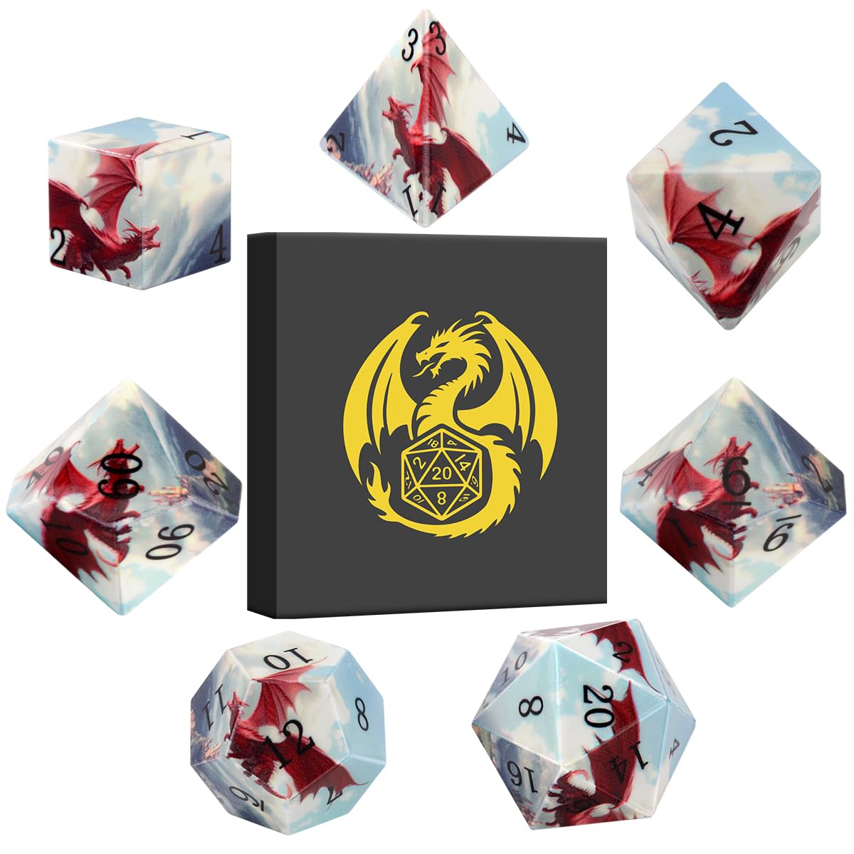 DND Dice Set, Dragon Theme Dice Set, UV Printed, Resin Material, DND Starter Set, 7pcs Polyhedral Dice Set with Dice Box, Role Playing Board Games Accessories