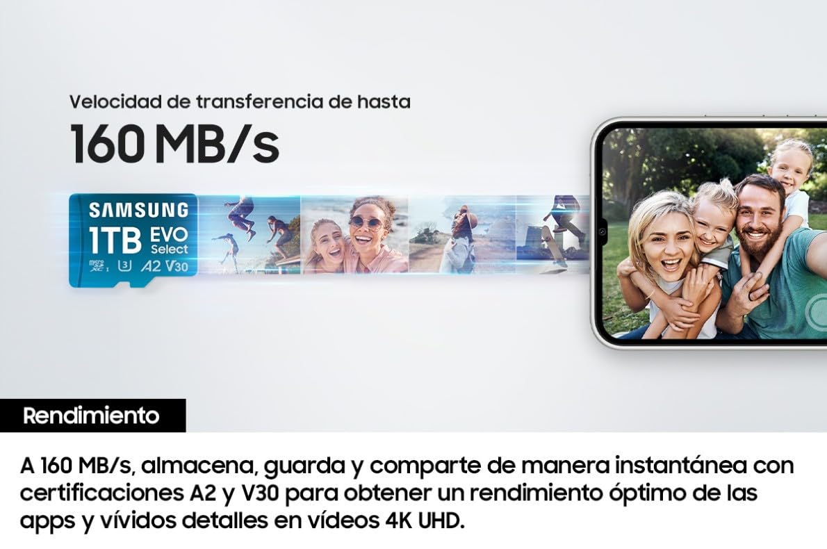 Samsung EVO Select (2024) Tarjeta microSD + Adaptador SD, 128 GB, Tarjeta de Memoria para Smartphone y Tablet, UHS-I U3, 4K UHD, Full HD, Lectura 160 MB/s, MB-ME128SA/EU