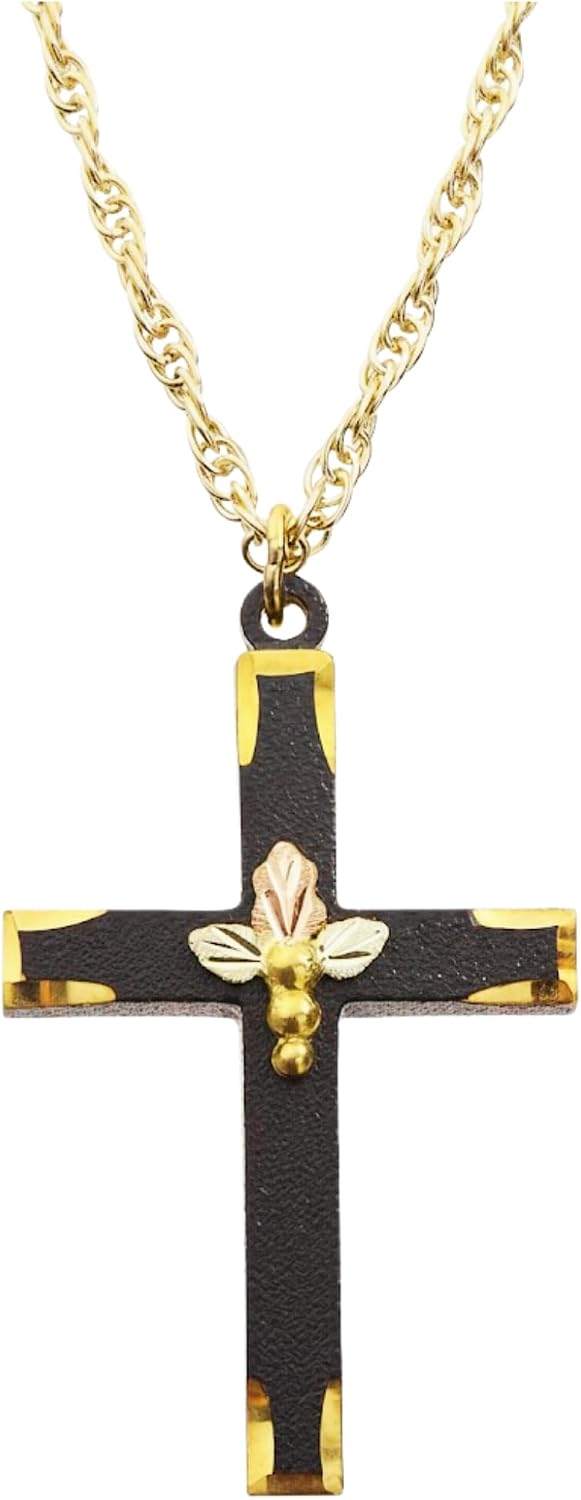 Black Powder Coated Cross Pendant Necklace, 10k Yellow Gold, 12k Green and Rose Gold Black Hills Gold Trim Accents with 20 Inch Chain in Jewelry Gift Box