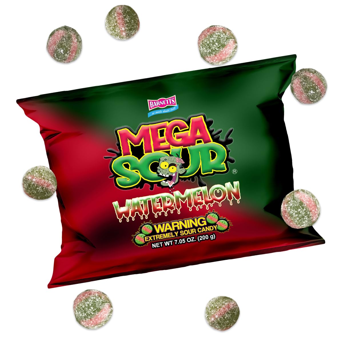 Barnetts - Mega Sour Candy Watermelon 200g - Trendy Sweet Bags - Traditionally Handmade Sweets - Sour Coating Lasts 20 Seconds - Candies for Party Bag, Gift Hamper, or Hamper Box
