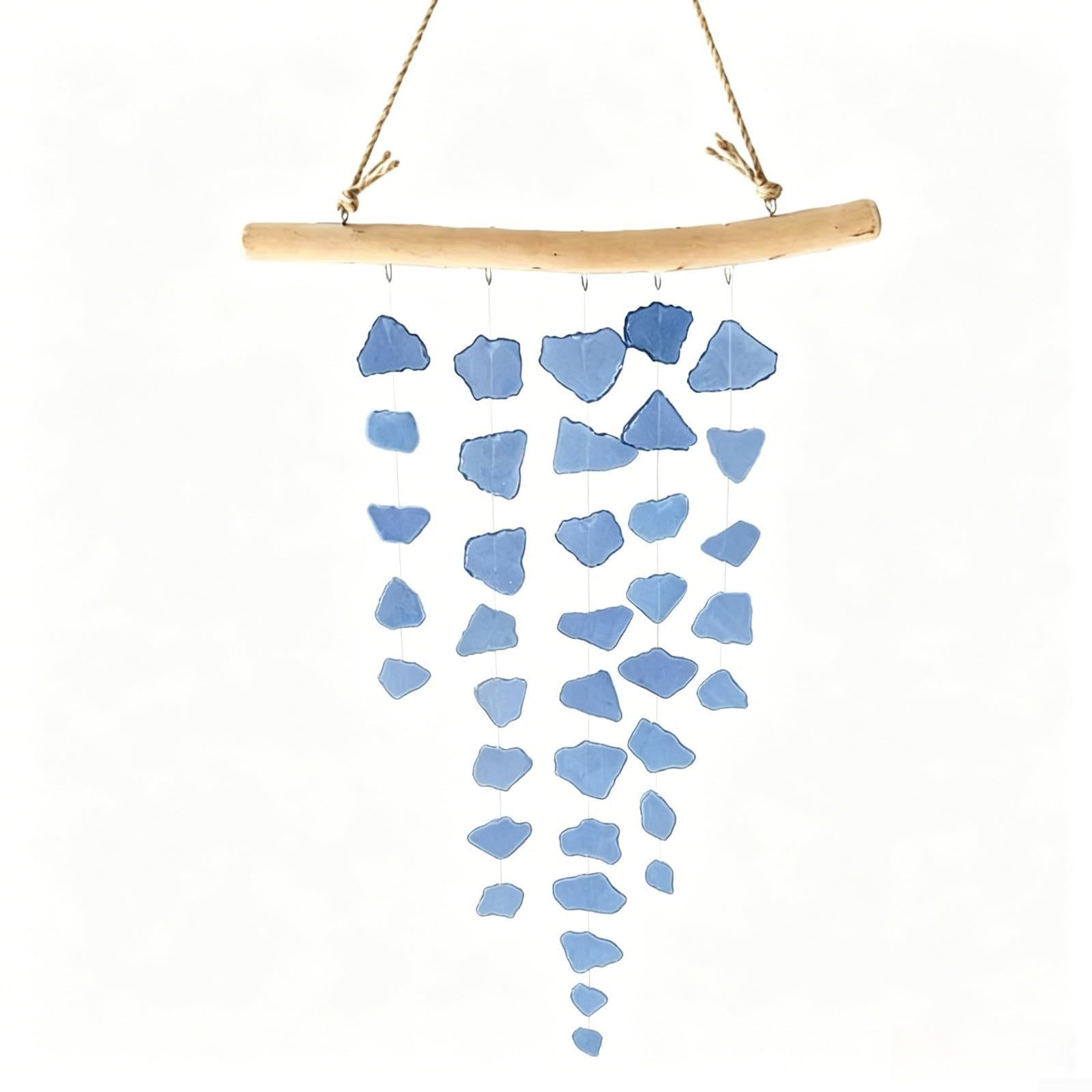 Tidgel Handmade Sea Glass Wind Chime with Driftwood, Bohemian Coastal Decor for Garden Patio, Soothing Melodic Sounds, 46cm Vintage Style(Blue G)