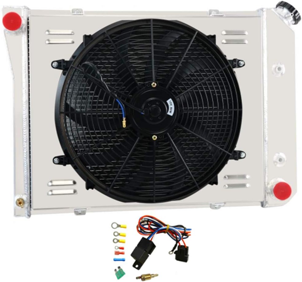 CoolingSky 4 Row Aluminum Radiator +Fan Shroud Combo&Thermostat Relay Kit for 1969-74 Nova Camaro/Impala/Caprice, 68-71 Chevelle, More GM Buick Cars - 21 Inches Core