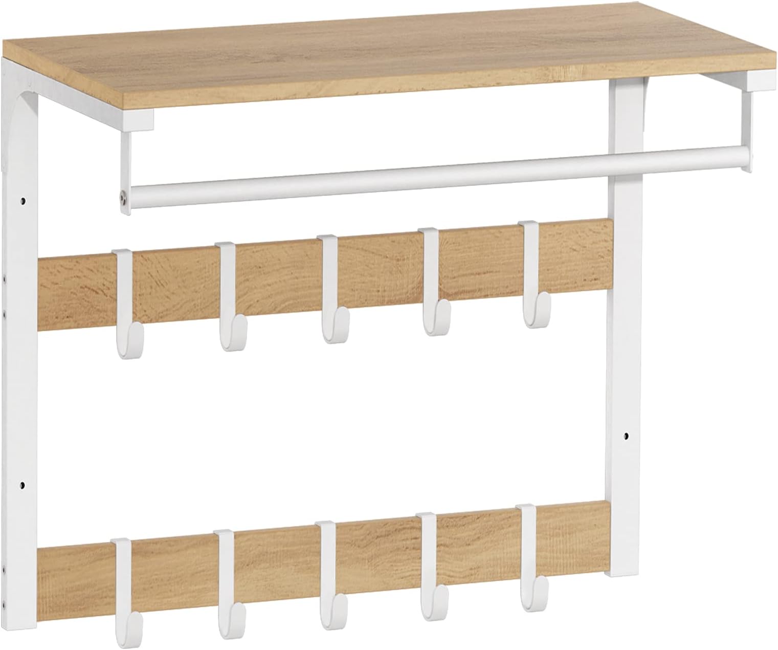 VASAGLE Wall Mounted Coat Rack with Shelf, Wall Shelf with 10 Removable Hooks, Hanging Shelf, Wall Mounted, 2 Coat Racks, Clothes Rail for Hallway, Bedroom, Bathroom, Oak White LCR101W09