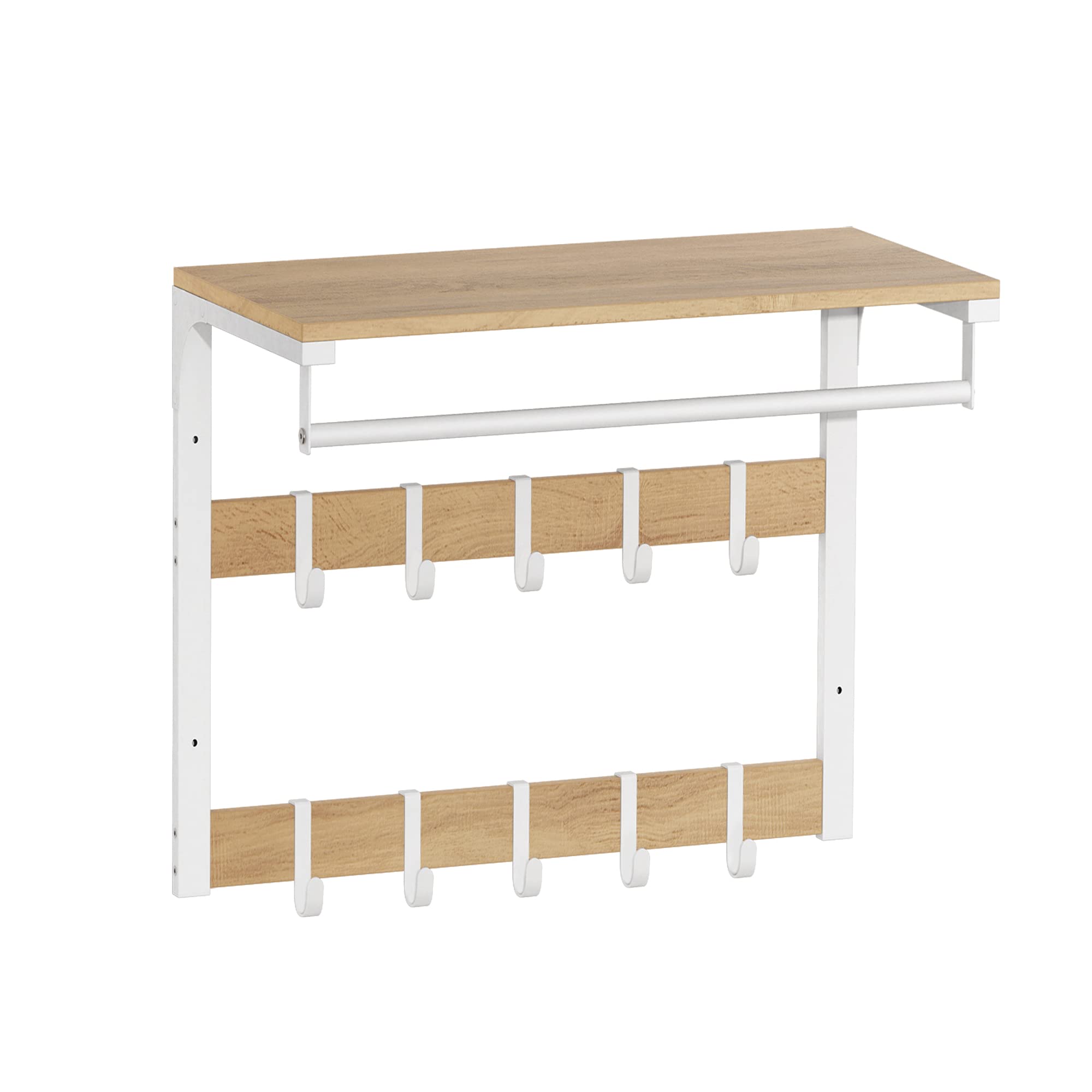 VASAGLE Wall Mounted Coat Rack with Shelf, Wall Shelf with 10 Removable Hooks, Hanging Shelf, Wall Mounted, 2 Coat Racks, Clothes Rail for Hallway, Bedroom, Bathroom, Oak White LCR101W09