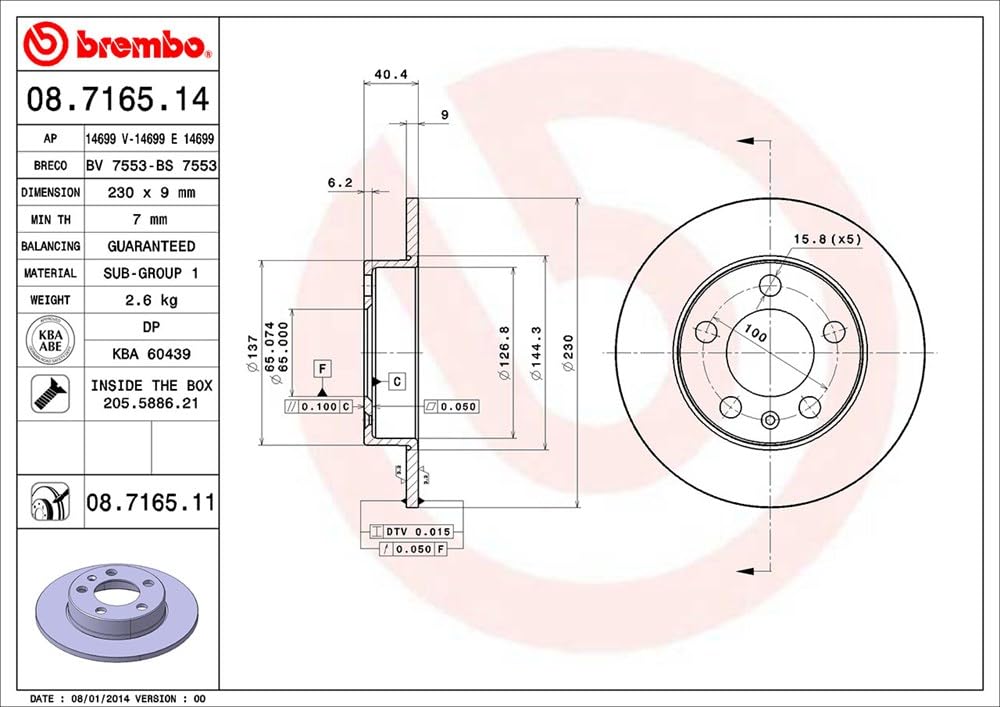 Brembo 08.7165.11 - Disco Freno con Verniciatura UV (Set di 2) - Posteriore