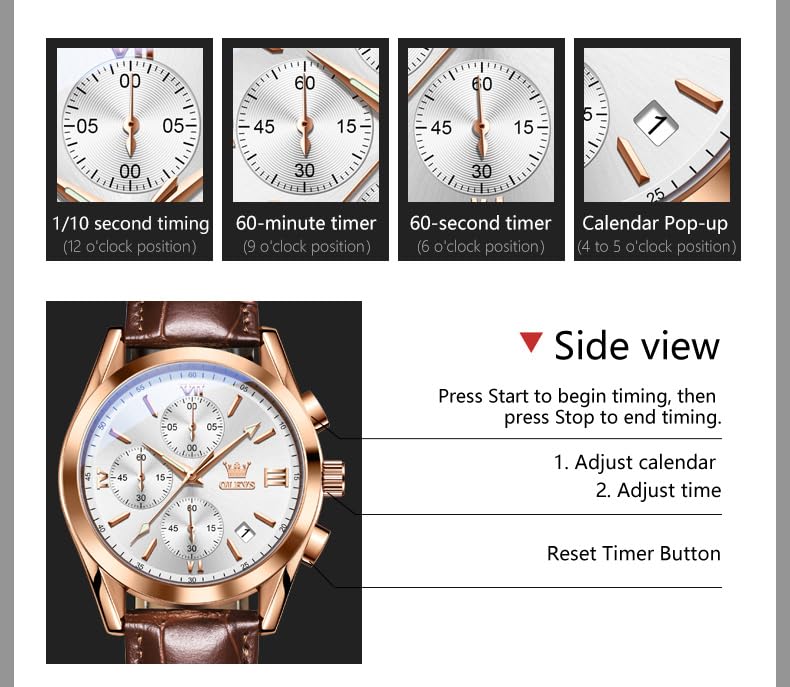 Image of OLEVS Watches for Men Original Analog Quartz Stylish Brown Leather Luxury Business Chronograph Waterproof Date Mens Wrist Watch