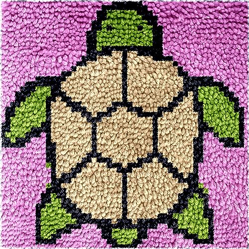 Beginner Mini Size Latch Hook Kits Set Sea Turtle Acrylic Yarn Small Cushion,Mat,Cartoon Pattern Craft Kits with Printed Canvas for Starter Kids Adults - 12 x 12 Inch