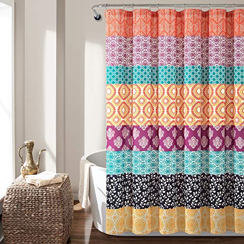 Image of Lush Decor Bohemian Stripe Shower Curtain, 72 inch W x 72 inch L, Fuchsia & Orange - Bathroom Curtain - Striped Shower Curtain - Boho Decor - Fabric Shower Curtains