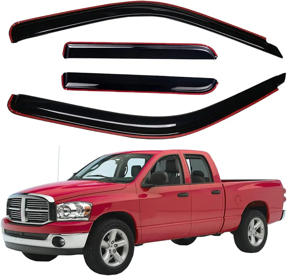 Lightronic Extra Durable Clip-on in-Channel Auto Vent Window Visors, Fits 2002-2008 Dodge Ram 1500, 2003-2009 Ram 2500 &amp; 3500, Quad Cab, UV-Protect Rain Guards, Original Wind Deflector, Smoke, 4-P