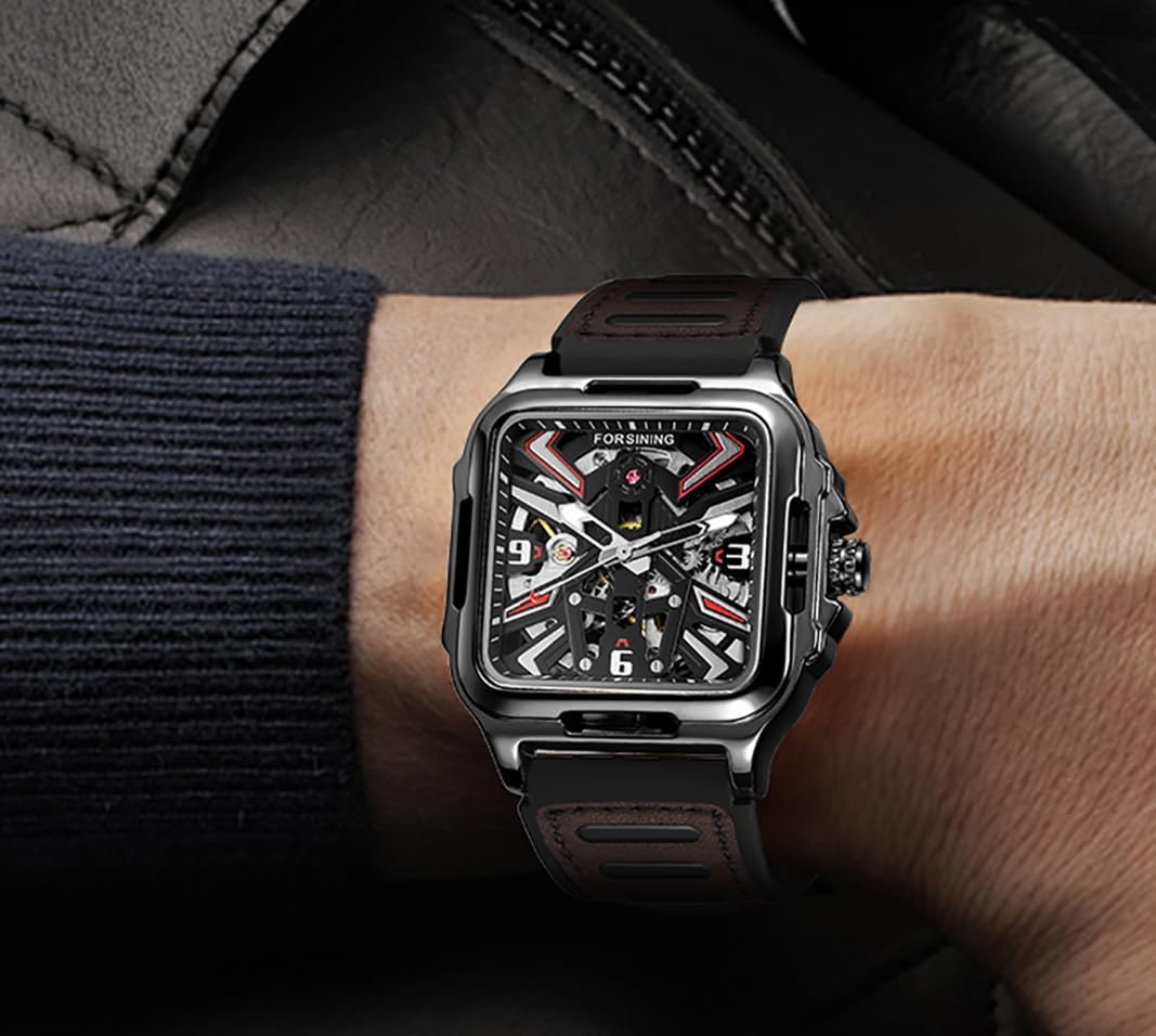 FORSINING Men's Stainless Steel Automatic Self Wind Skeleton Retro Square Silicone Strap Wristwatch