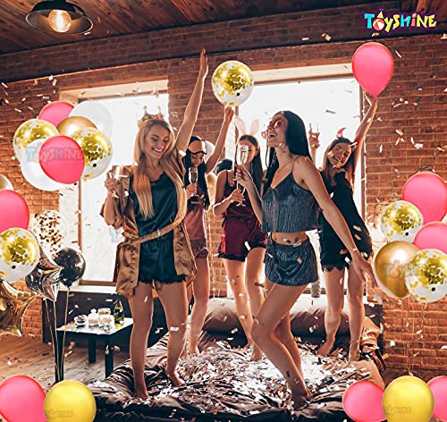 Image of Toyshine 86 Pcs Balloon Party Decoration Combo | 25 White Metallic, 25 Gold Chrome, 25 Red Metallic, 10 Confetti Balloons, 1 Tape for Birthday Anniversary Theme Party
