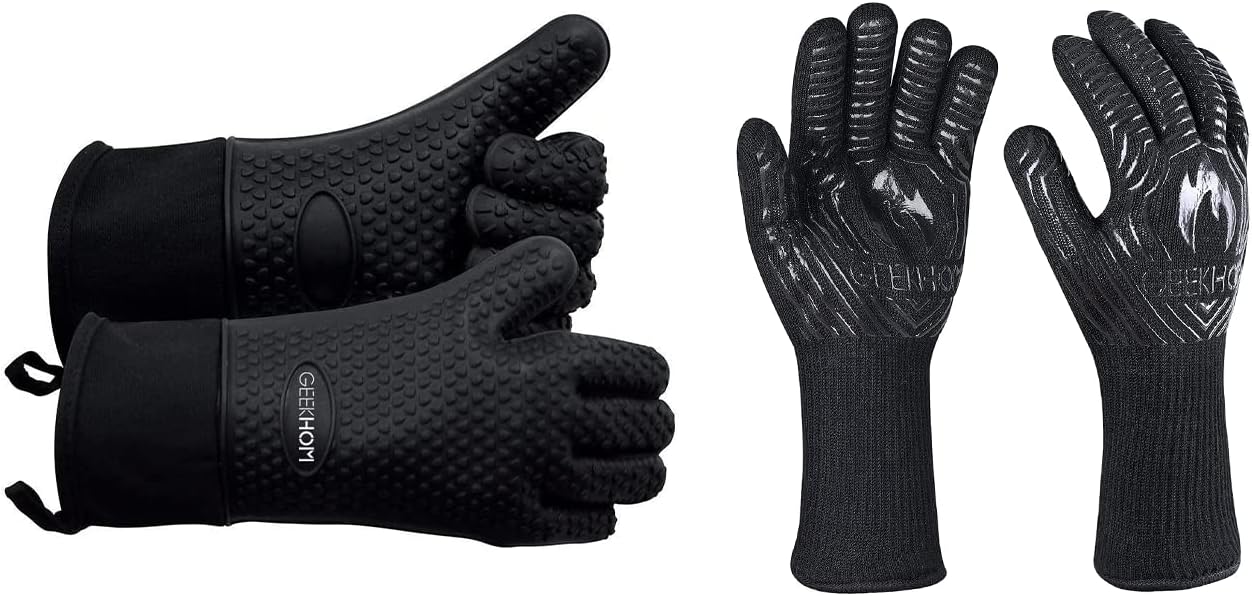 GEEKHOM Grilling Gloves, Heat Resistant Gloves BBQ Kitchen Silicone Oven Mitts M Grey& Aramid Grilling Gloves 1472℉ Heat Resistant : Patio, Lawn & Garden