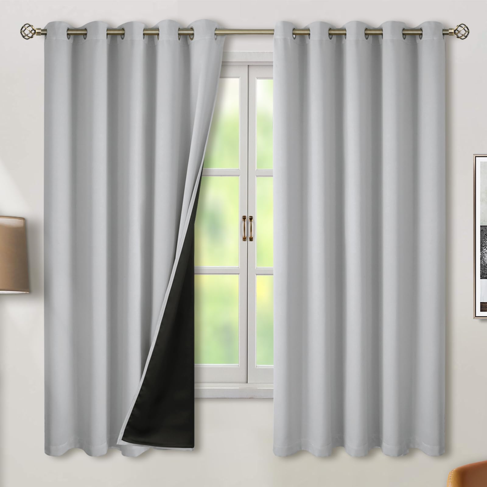 BGment Thermal Insulated 100% Blackout Curtains for Bedroom with Black Liner, Double Layer Full Room Darkening Noise Reducing Grommet Curtain (60 x 63 Inch, Light Grey, 2 Panels) — image 1