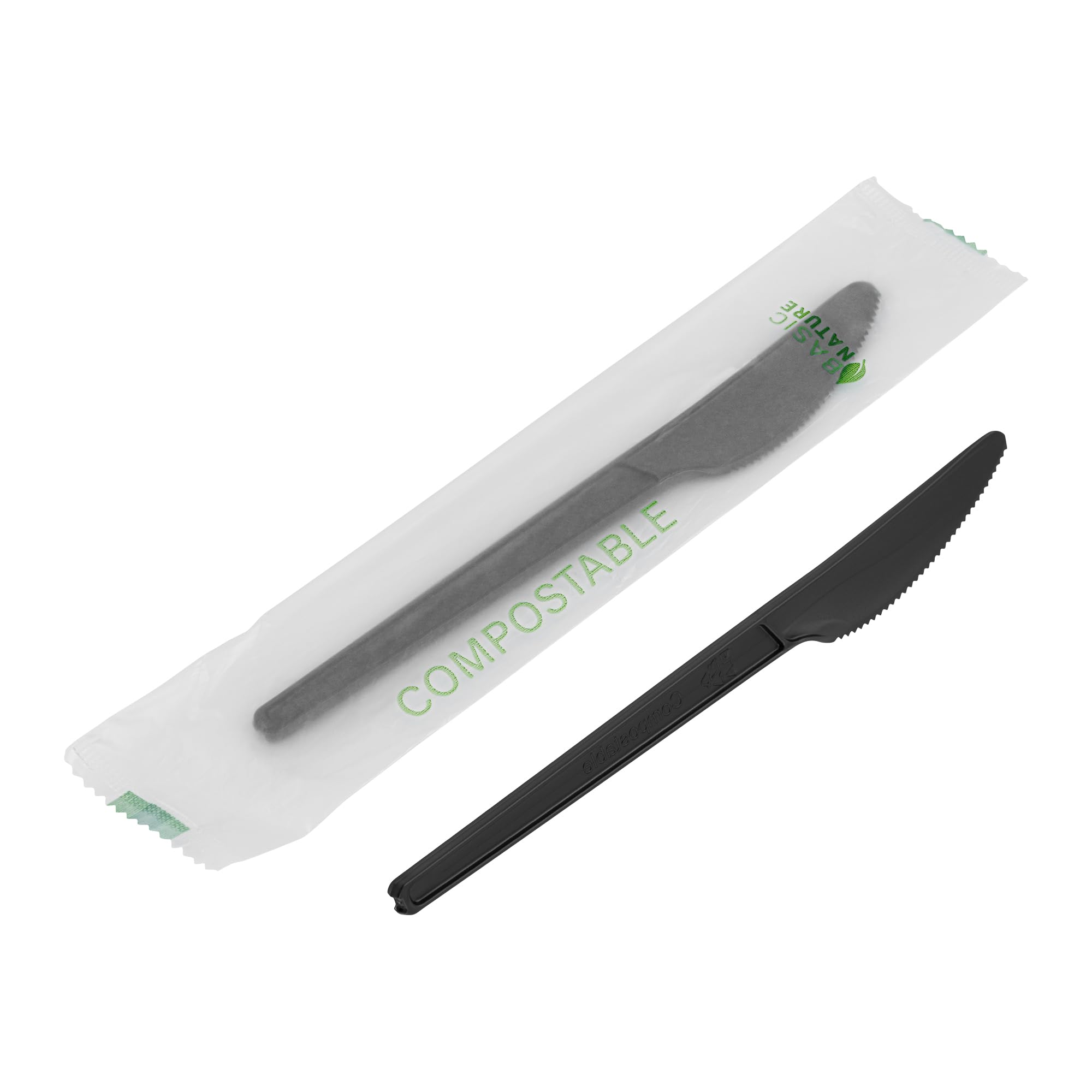 Restaurantware Basic Nature 6.5 Inch CPLA Knives 250 Disposable Plastic Cutlery - Individually Wrapped Durable Black Plastic Disposable Silverware