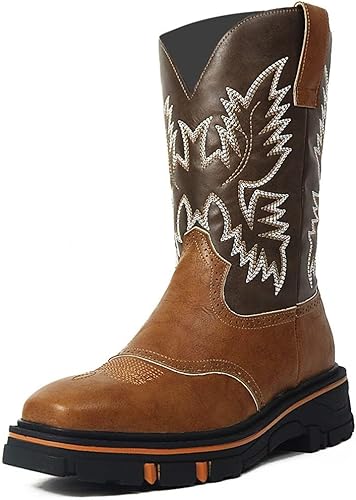 Botas vaqueras bordadas para hombre, botas vaqueras duraderas con punta cuadrada, tacón grueso, plataforma de piel sintética, botas de media