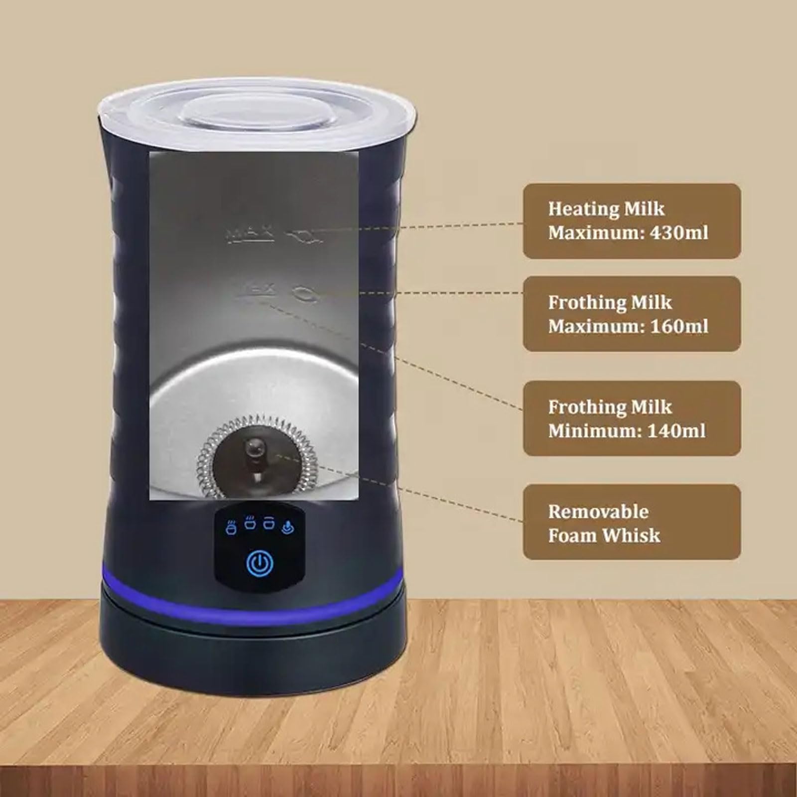 Przenośny automatyczny spieniacz do mleka, 4-funkcyjny elektryczny podgrzewacz do mleka, duża pojemność 600 ml, regulacja temperatury i automatyczne wyłączanie, do kawy, latte i czekolady