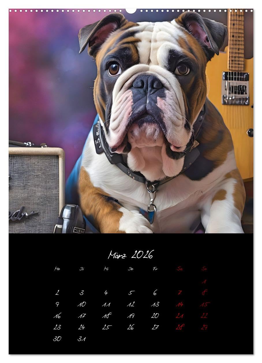 Gitarren und Hunde mit Herz (Wandkalender 2026 DIN A2 hoch), CALVENDO Monatskalender: Amüsante Darstellungen von Hunden, die mit Stolz die Gitarre ihres Herrchens präsentieren (CALVENDO Kunst)