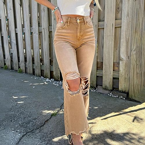 Uillui Bell Bottom Jeans for Women Fashion Ripped Hole Raw Hem Denim Flare Pants High Waisted Distressed Jeans Bootcut Jeans2