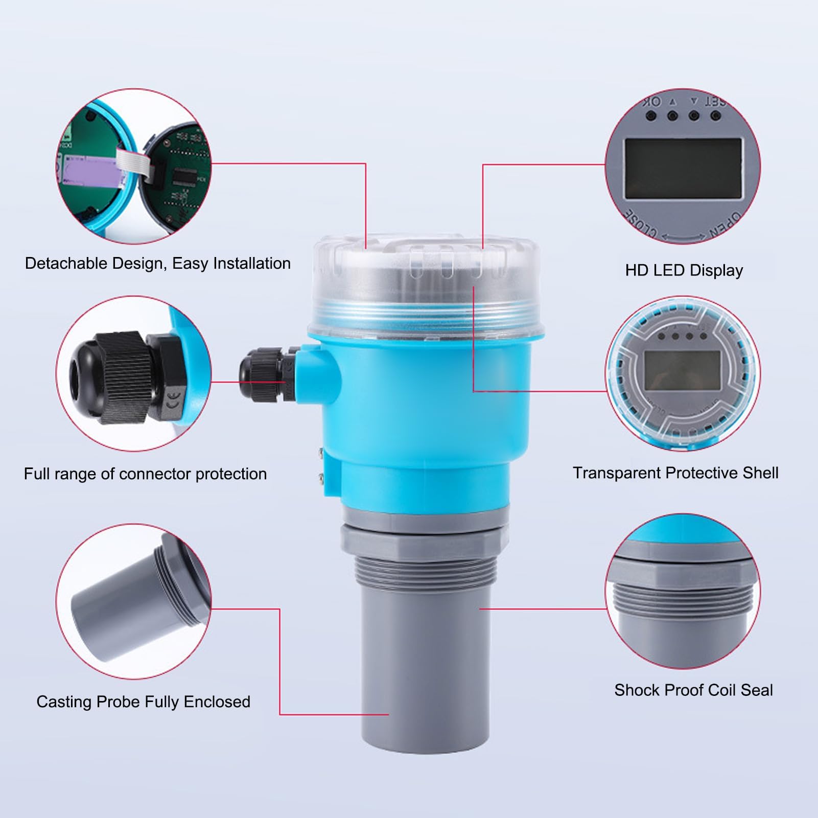 Capteur de niveau d'eau à ultrasons sortie 4-20 MA affichage LED boîtier ABS étanche conception circuit modulaire mesure niveau remplissage large application multifonction
