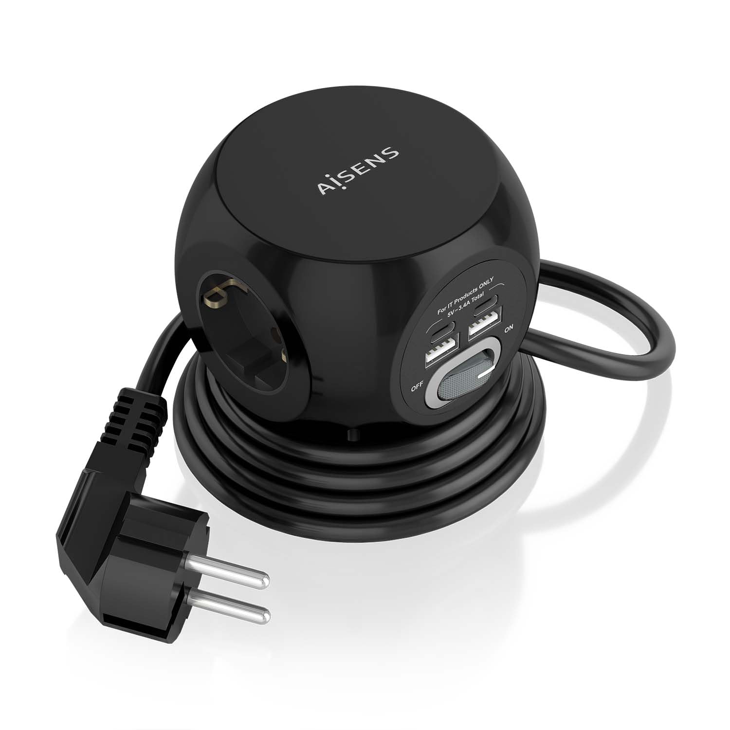 Aisens Schwarz Multifunktionale Tischsteckdosenleiste Mit 3 Steckdosen + 2 X Usb-C, 2 X Usb-A, 1,4 M,