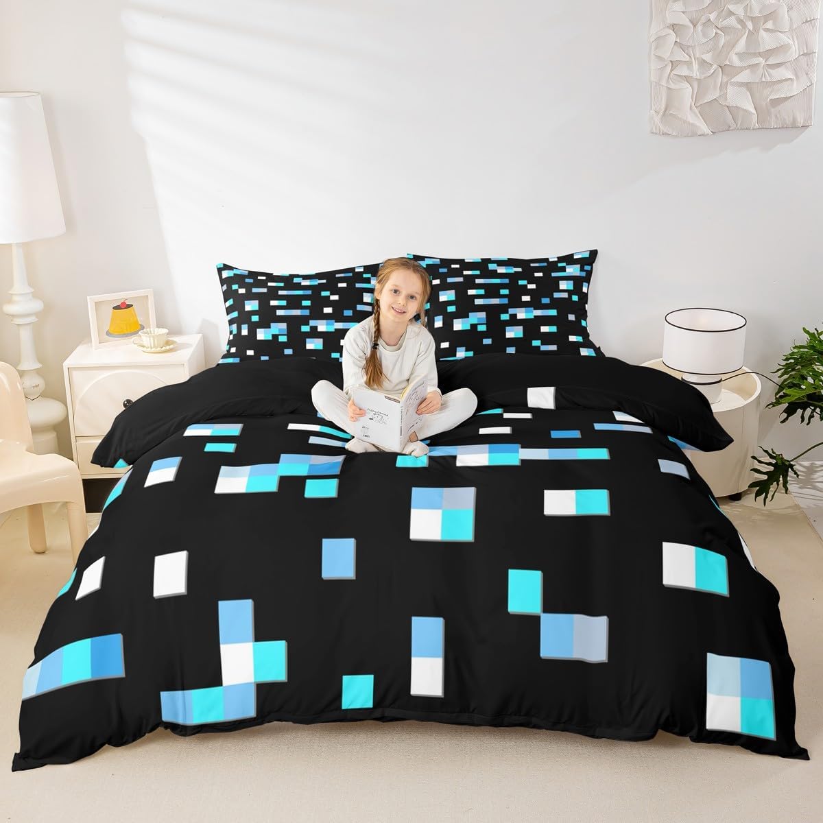 Castle Fairy Blue Miner Square Duvet Cover Twin Size,Geometric Grid Bedding Sets 2Pcs for Kids Girls Boys Adult Room Decor,Pixelated Games Comforter Cover Pixel Style Quilt Covers,1 Pillowcase