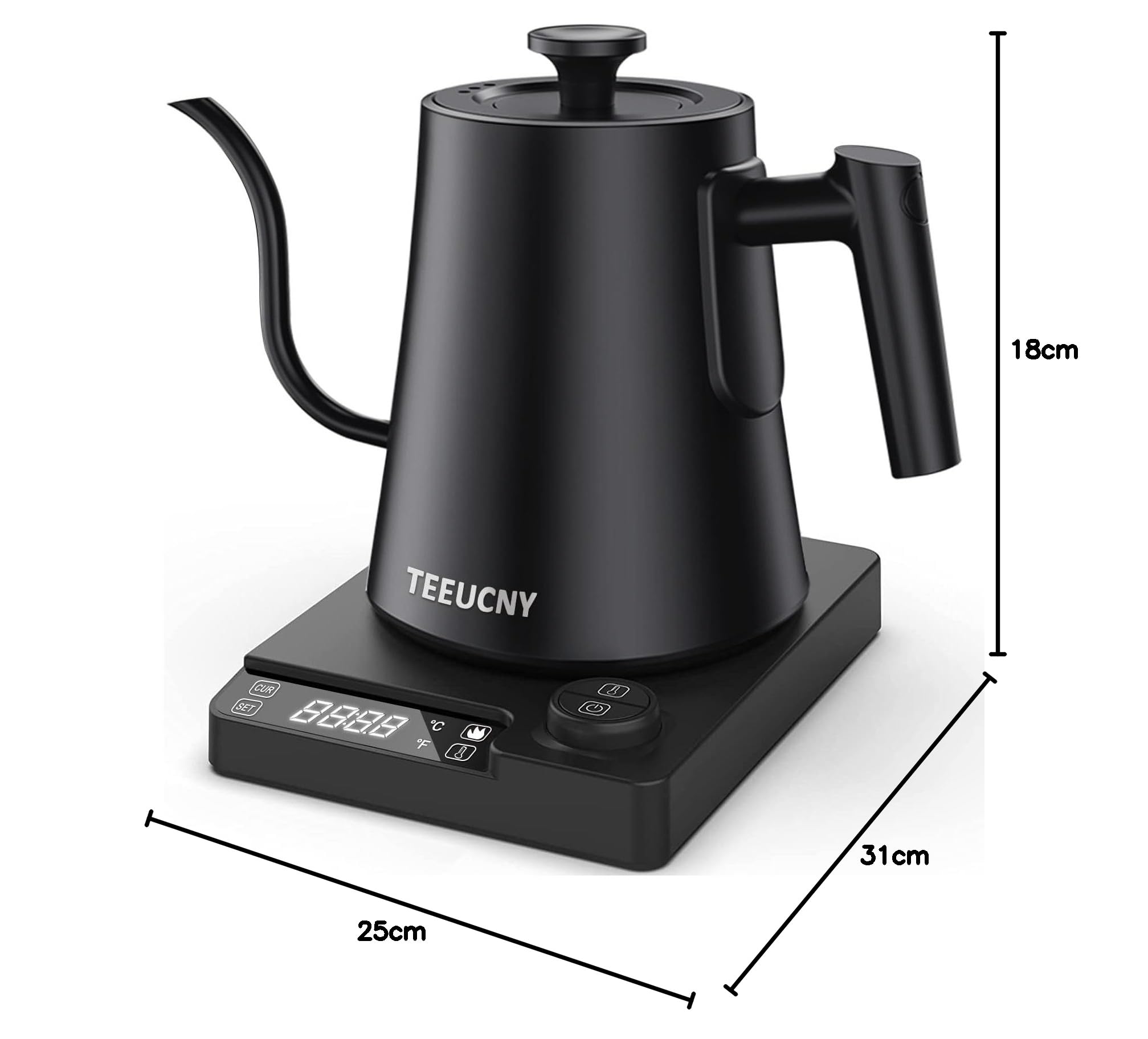 Elektrischer Wasserkocher Schwanenhals, Edelstahl Schwanenhalskessel Wasserkocher mit Temperatureinstellung, Warmhaltefunktion, LED-Anzeige für Spezialitätenkaffee und Tee, Schwarz, 1L, 1200W