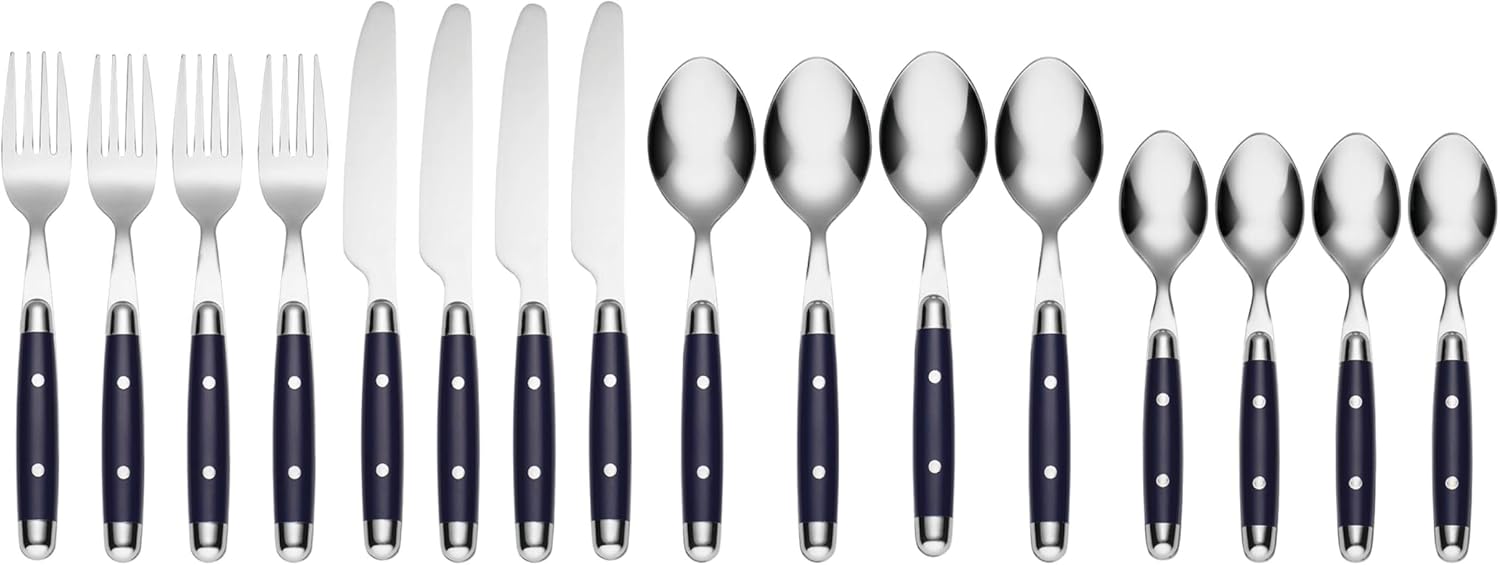 Cambridge Silverware Set, Jubilee Blue 16-Piece Flatware Set, Service For 4, 18/0 Stainless Steel, Knives Spoons And Forks Sets, Dishwasher Safe, Home And Kitchen Utensils (Black/Silver, 16 Piece)