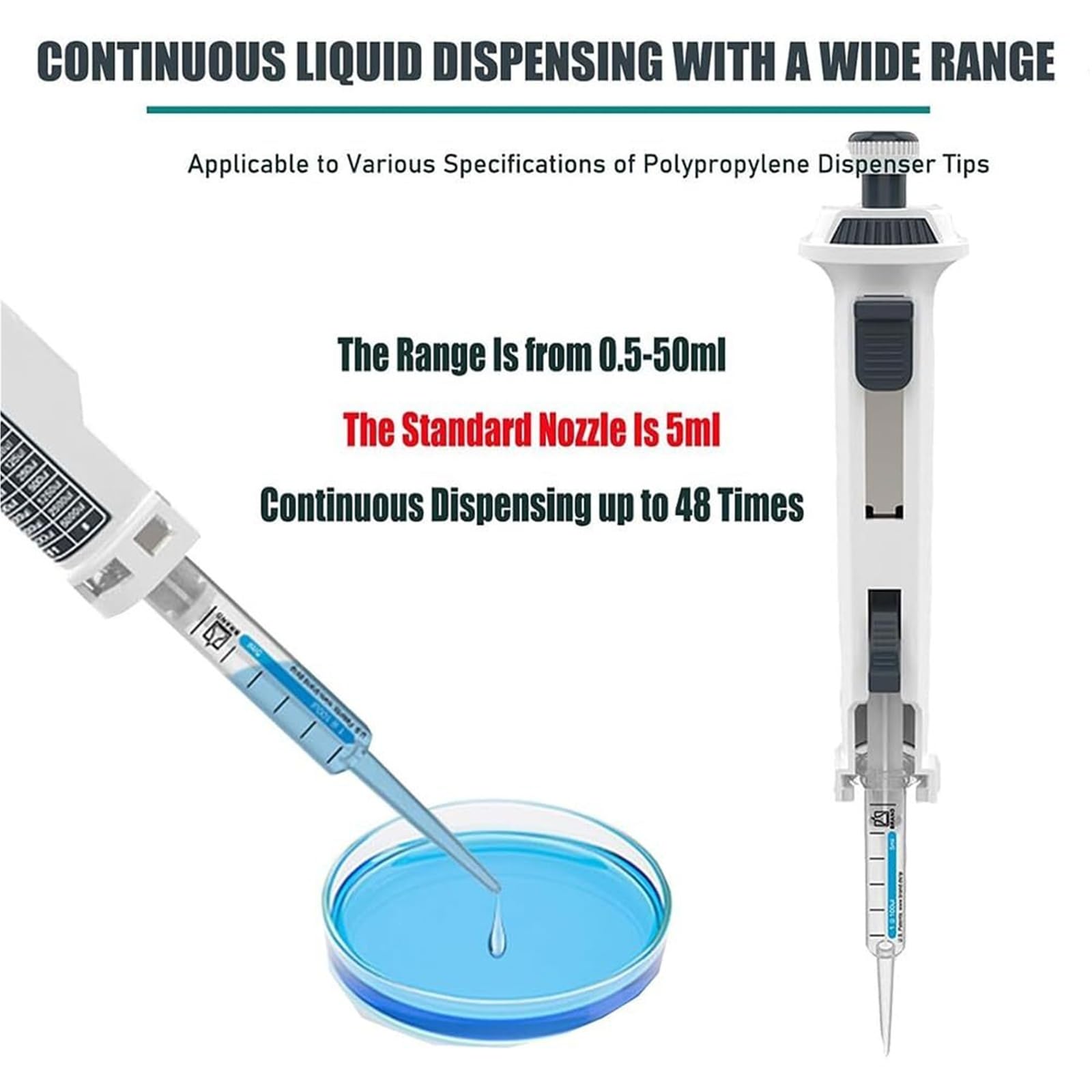 Eink-Pipetten, verstellbare Mikropipette mit variablem Volumen, hochgenaue Pipette, 0,5 ml - 50 ml, kontinuierliche Pipetten, 5 Gänge, Schrittpipette, Labor-Mikropipette, für Chemie, Industrie
