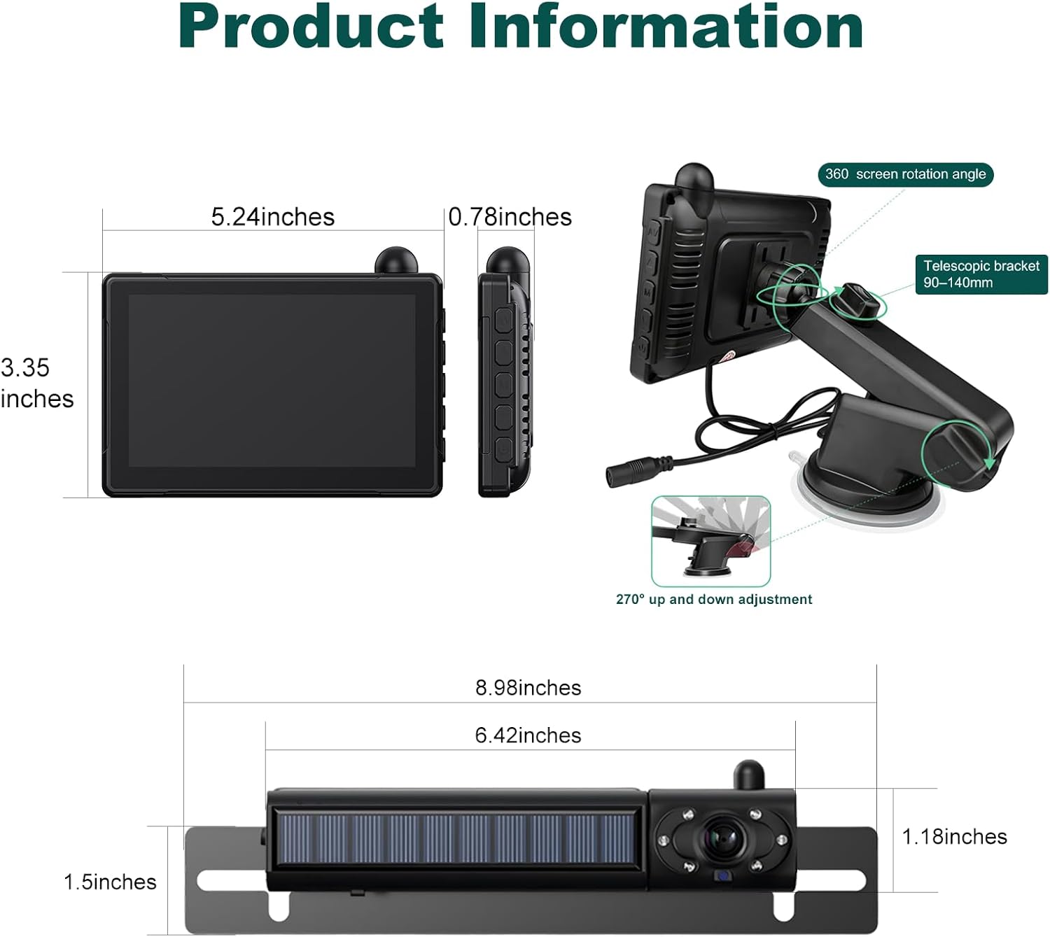 1080P Solar Wireless Backup Camera with 5in Monitor, 5000mAh Rechargeable Battery and Solar Panel, IP69K Waterproof, IR Night Vision, Support 2 Cameras, for Car, RV, Trailer, Camper (0092)