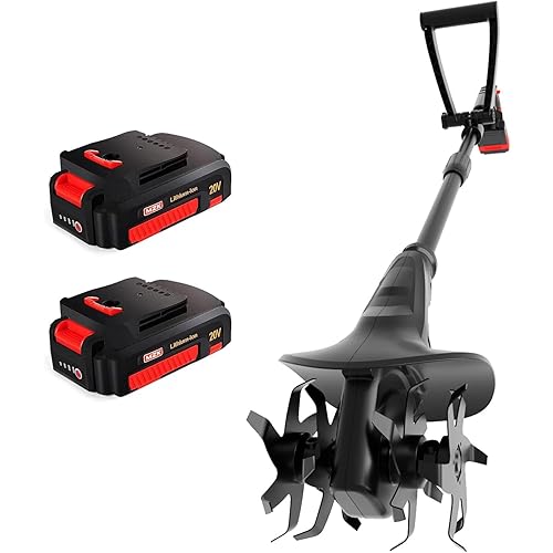 MZK 20V Cordless Tiller Cultivator with Steel Tines,8-inch Wide Battery Powered Garden Cultivator, 360RPM Electric Tiller for Lawn/Gardening/Soil Cultivation(2 * 2AH Battery&Charger Included),TC08D01