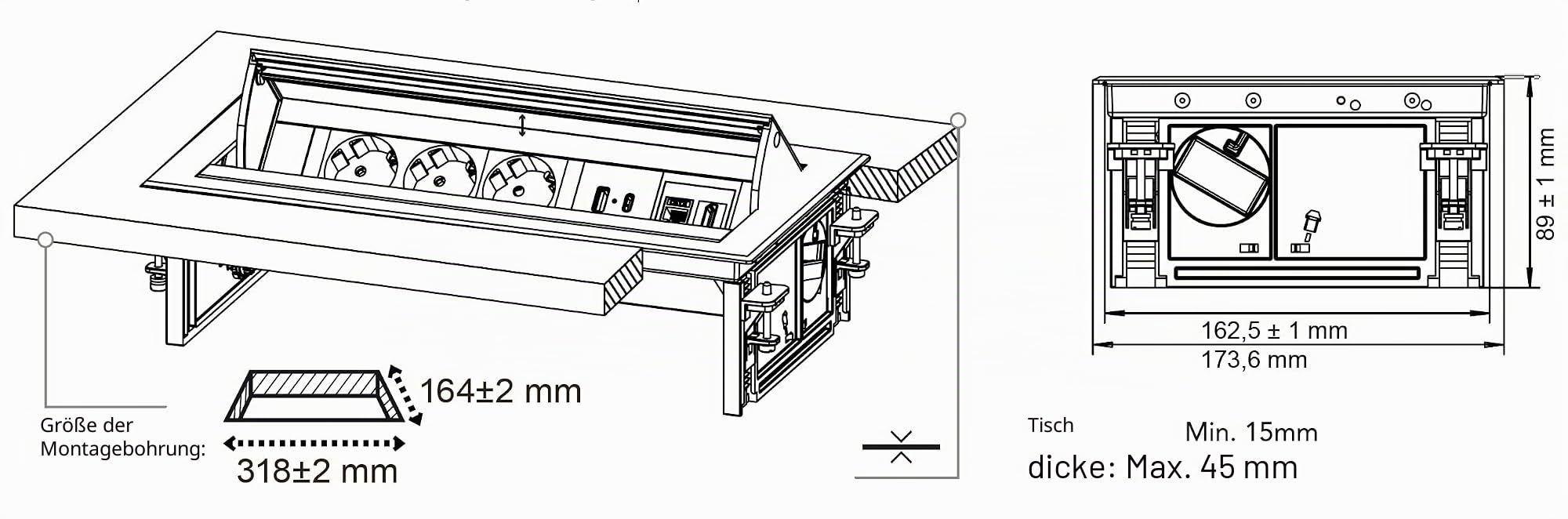 Electraline 62577 Mehrfachsteckdose Pop-up für Schreibtisch/Tisch Unterputzdose 3 Schuko-Steckdosen + 2 USB 3.1 A (1 Typ A + 1 Typ C) 15,5 W + 1 HDMI-Steckdose + 1 RJ45 Stecker Kabel 2M
