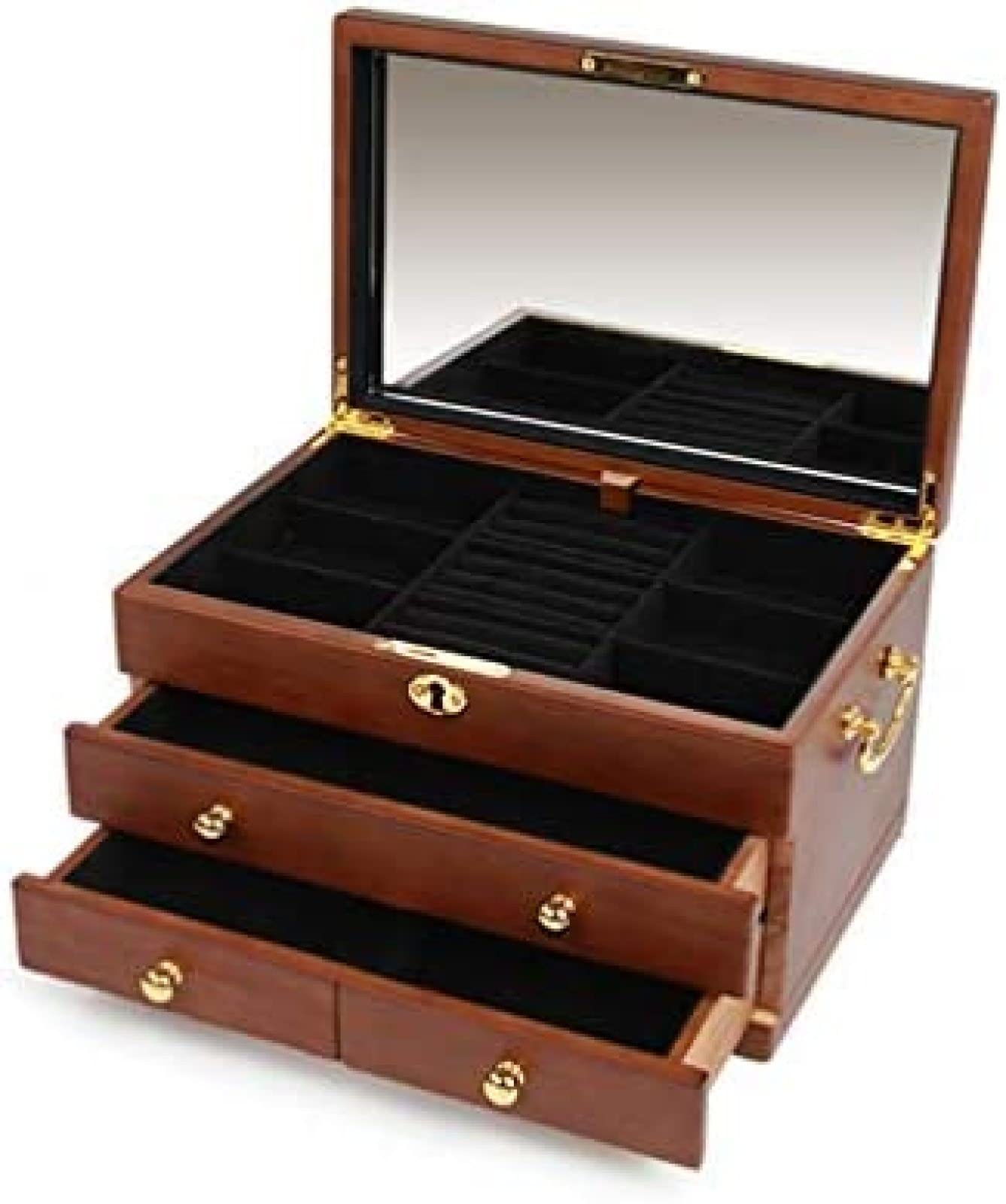 YNBSHGAA Wooden Jewelry Box for Watches Rings Bracelets Earrings Necklaces Cufflinks Lockable Jewellery Cabinet with 3 Layers 3 Drawers Unisex Gift Box Watches Display Box with Mi