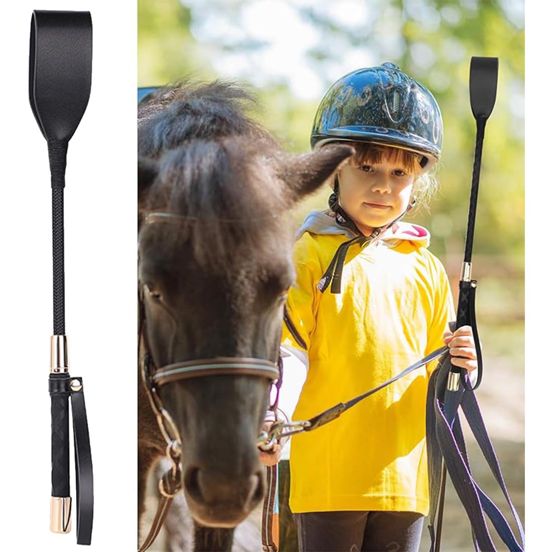 Frusta per Cavallo con Pelle PU,1 frusta da equitazione in pelle nera con manico antiscivolo, frusta da equitazione con manico, accessori da equitazione, frusta da equitazione, per giochi di ruolo