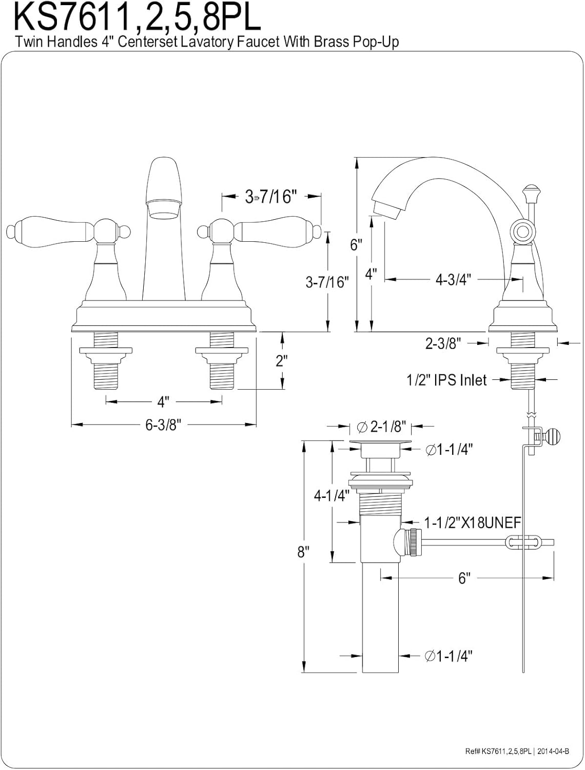 Kingston Brass KS7611PL 4 in. Centerset Bathroom Faucet, Polished Chrome