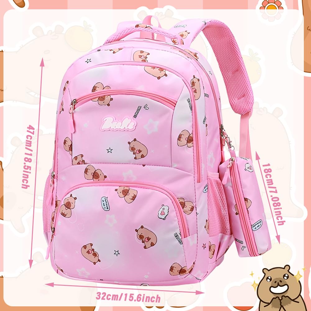 Zaino Scuola Bambina Rosa con Trousse Coordinata Stampa Capybara 3 Scomparti Grandi Tasche Interne Spallacci Regolabili Zaino Oxford Impermeabile per Scuola Elementare Asilo Bambine (Rosa)