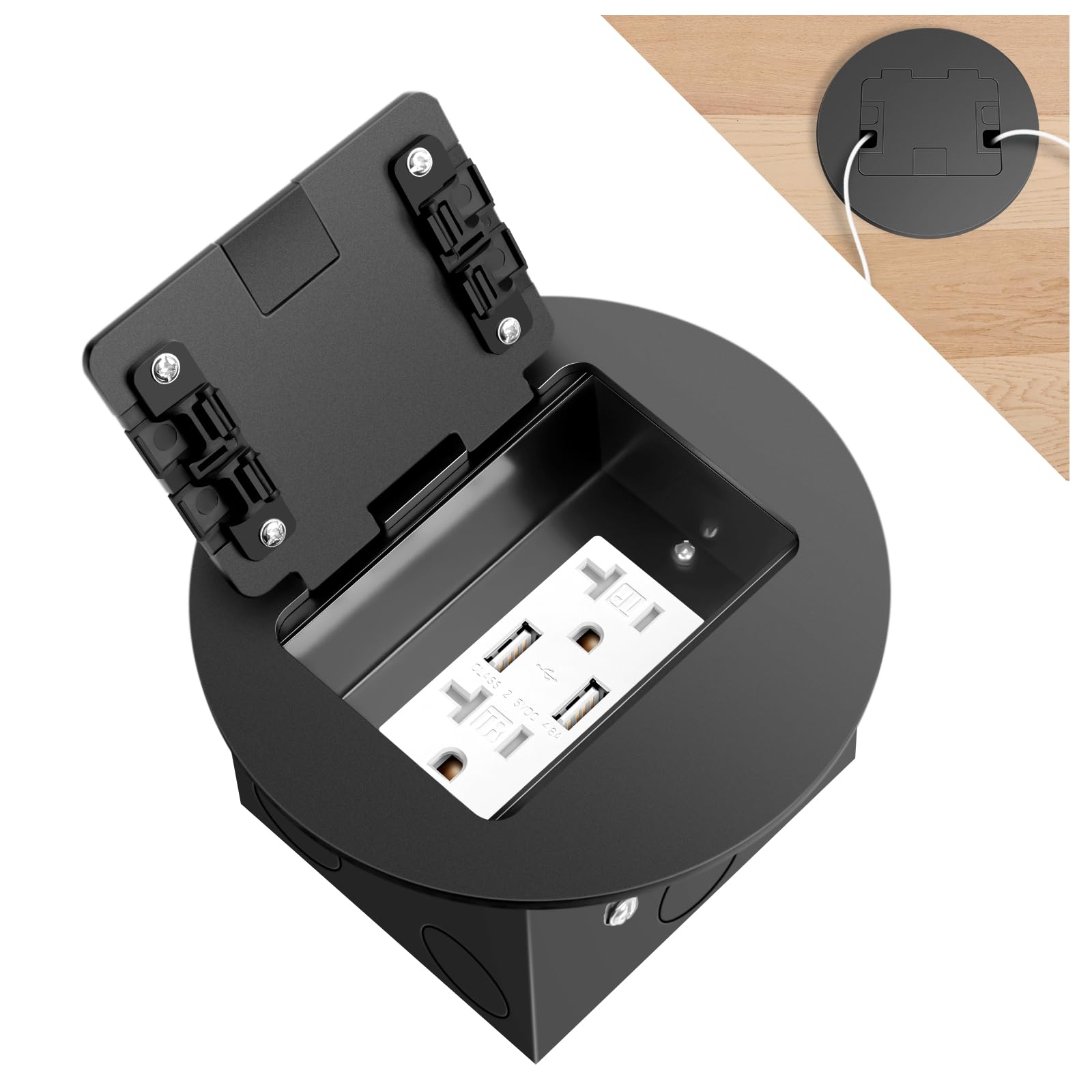 Condition photo showing Good Condition for recessed floor outlet 1-gang with 4.8a usb a charging port, 20 amp tr receptacles round hidden outlet kit electrical waterproof cover box for home renovation, etl listed, black