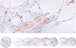 HAOCOO Keyboard Mouse Pad Set, Large Gaming Mouse Pad + Keyboard Wrist Rest Support + Mouse Wrist Cushion + Coaster, Non-Slip Rubber Base, 35.4x15.7in Extended Desk Mat for Office, White Marble