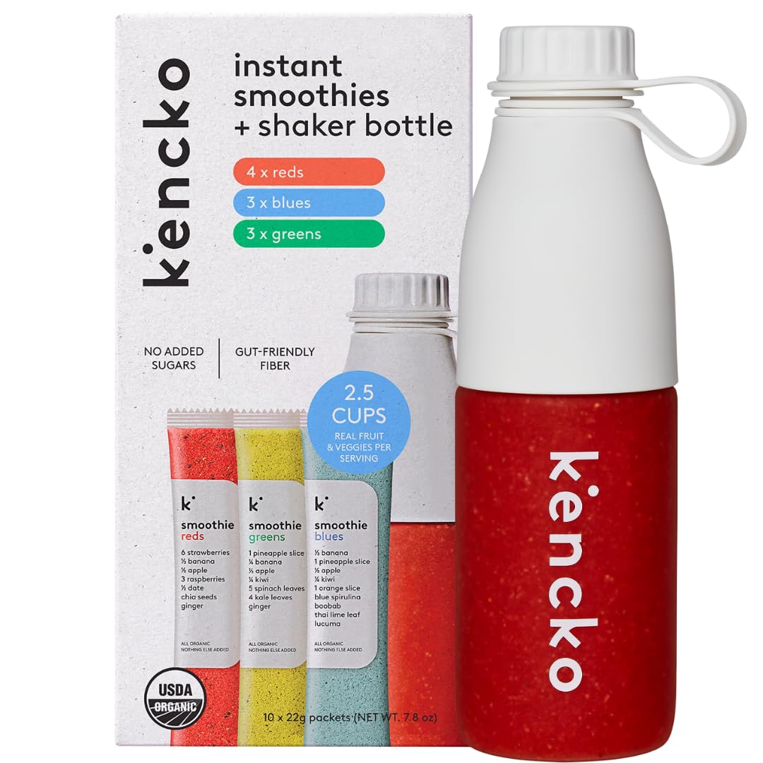 kenckoSmoothie Mix Starter Kit - 10 Instant Breakfast Smoothies + Reusable Bottle - 100% Organic Fruit And Vegetable Superfoods, Natural, Healthy Vegan and Gluten Free - Freeze Dried Smoothie PowderUSDA Organic