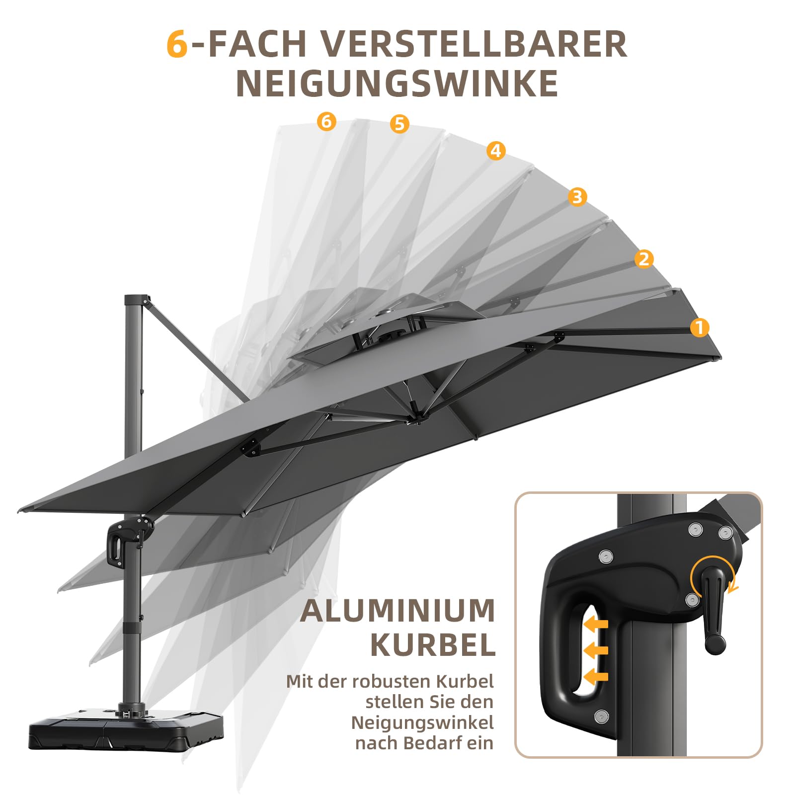 UDPATIO Sonnenschirm 400 x 300 cm Rechteckig mit Ständer, Ampelschirm Groß Aluminium, Marktschirm - Doppeldach, Gartenschirm 360° mit Kurbel, Balkonschirm, Sonnenschutz UV50+, (Grau Wasserdicht)