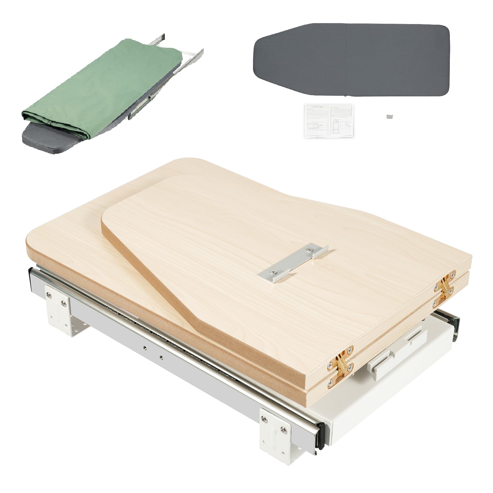 Bügelbrett Klappbar Ausziehbar, 180° Drehbar Bügeltisch mit hitzebeständigem Bezug, Tischbügelbrett-klappbar Leise Schrankauszug, passende Schrankmaße 57×45×17 cm für Hemden und Kleidung
