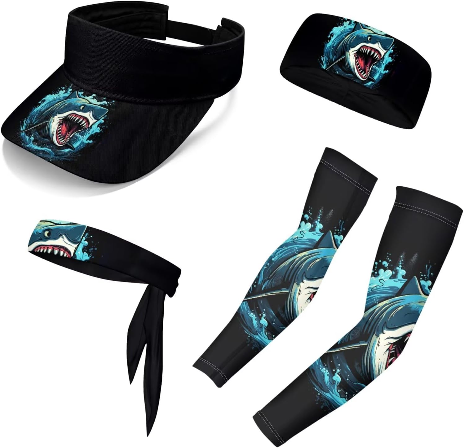 Binienty 5PCS Summer Outdoor Accessories, Matching Compression Arm Sleeves, Sun Visor and Headbands for Women Men