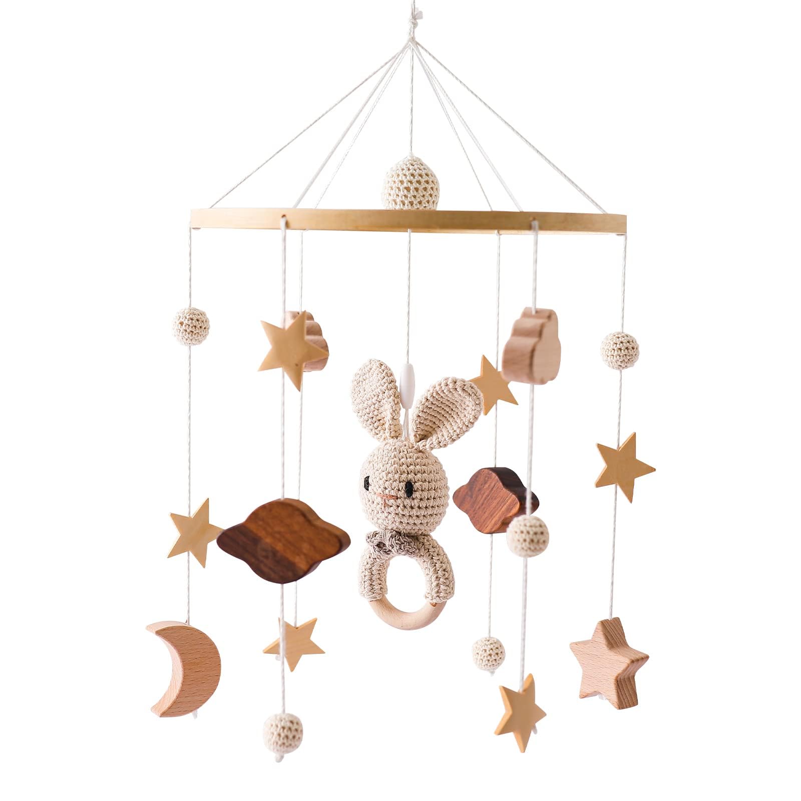 Promise Babe Mobile Baby Wooden Star Clouds Felt Balls Room Hanging Bed Bell Crochet Wind Chime Newborn Kids Pendant Crib Changing Table Deco Moon Mobile, Smalll Grey — view 11