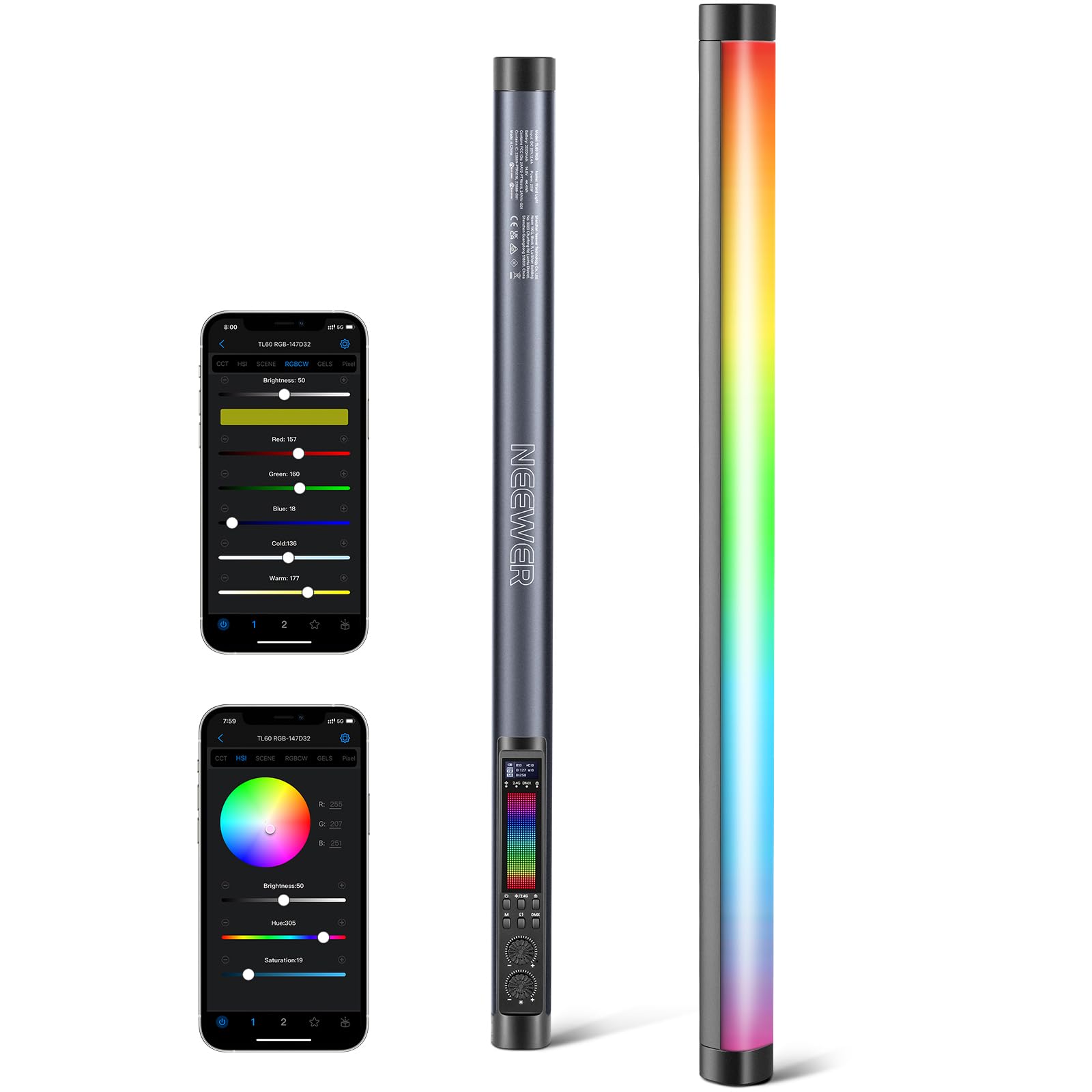 NEEWER TL60 Luce Tubo RGB, Barra Luminosa per Video a LED RGBWW a Colori Completi da 20W per Foto Studio Riprese Streaming, Controllo APP/2.4G/DMX, 7 Effetti Pixel 18 Scene, 2500-10000K CRI97+ TLCI98+